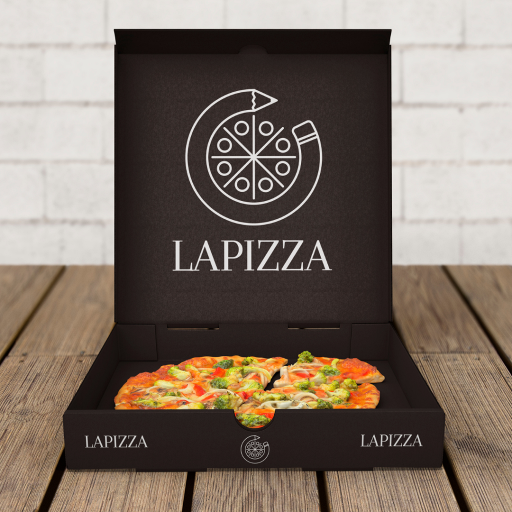 Pizza delivery box with brown paper exterior on a light colored wooden table