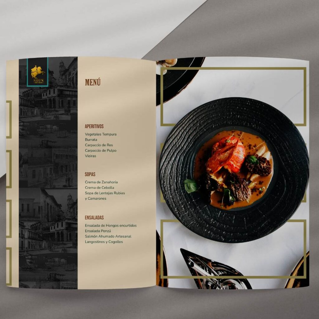 An exquisite menu featuring a plate of delectable food, complemented by a tastefully designed menu layout.