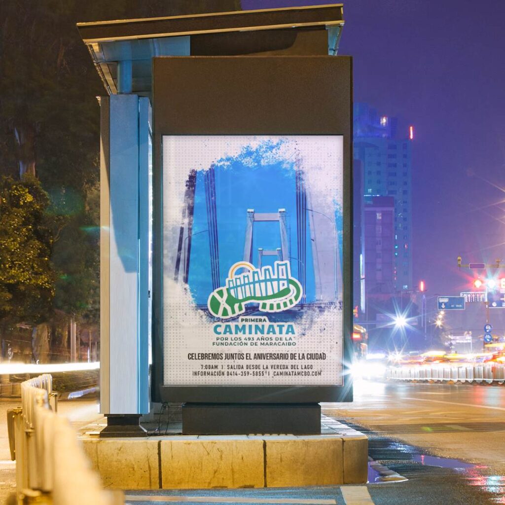 Image of a bus stop billboard with a banner design.