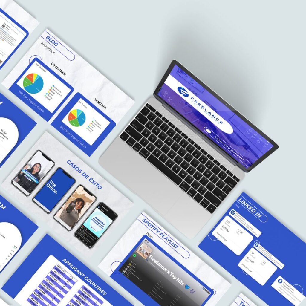 A laptop and multiple screens displaying a blue and white design. Relevant for a landing page or freelance Latin America marketing report.