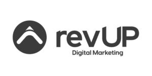 Logo for marketing agency revup: sleek, modern design with bold lettering and a dynamic arrow symbol.